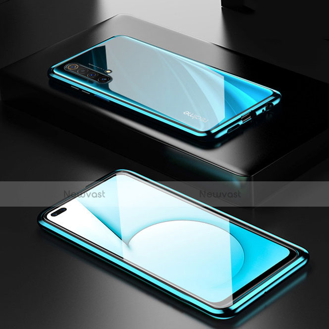 Luxury Aluminum Metal Frame Mirror Cover Case 360 Degrees M01 for Realme X50t 5G Cyan