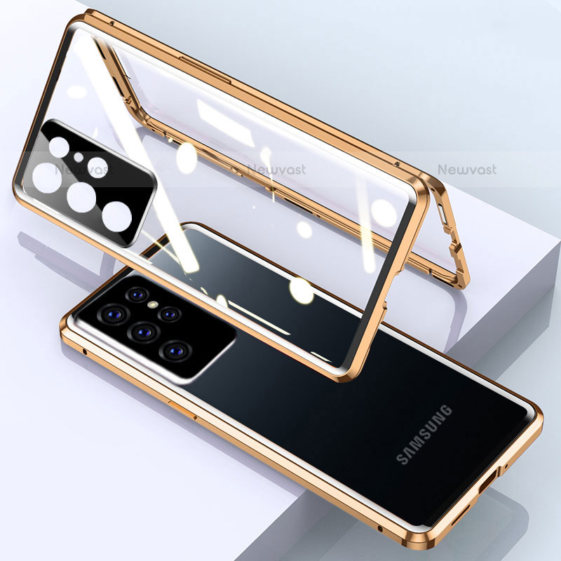 Luxury Aluminum Metal Frame Mirror Cover Case 360 Degrees M01 for Samsung Galaxy S23 Ultra 5G Gold