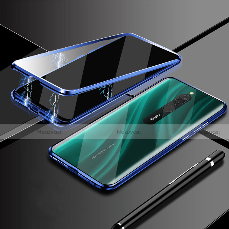 Luxury Aluminum Metal Frame Mirror Cover Case 360 Degrees M01 for Xiaomi Redmi 8 Blue