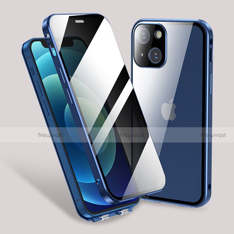 Luxury Aluminum Metal Frame Mirror Cover Case 360 Degrees M02 for Apple iPhone 13 Blue