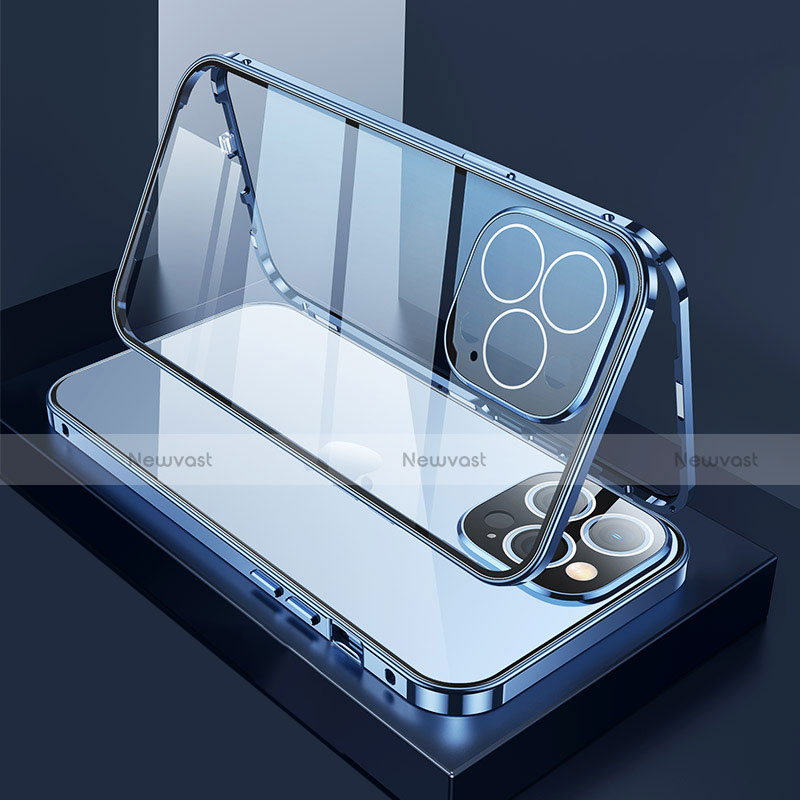 Luxury Aluminum Metal Frame Mirror Cover Case 360 Degrees M02 for Apple iPhone 13 Pro Blue
