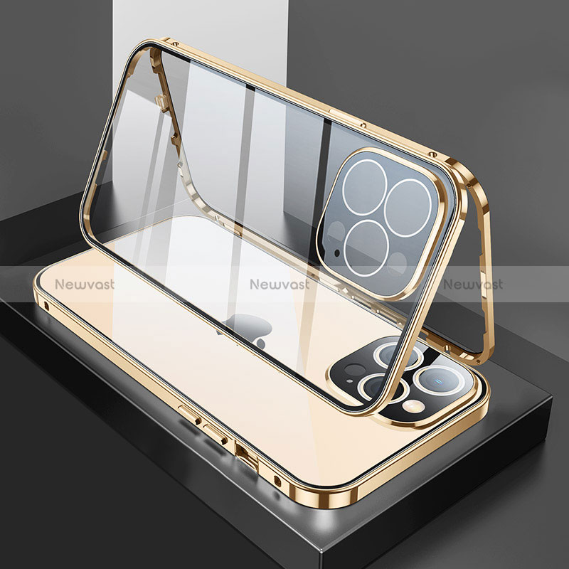 Luxury Aluminum Metal Frame Mirror Cover Case 360 Degrees M02 for Apple iPhone 14 Pro Gold