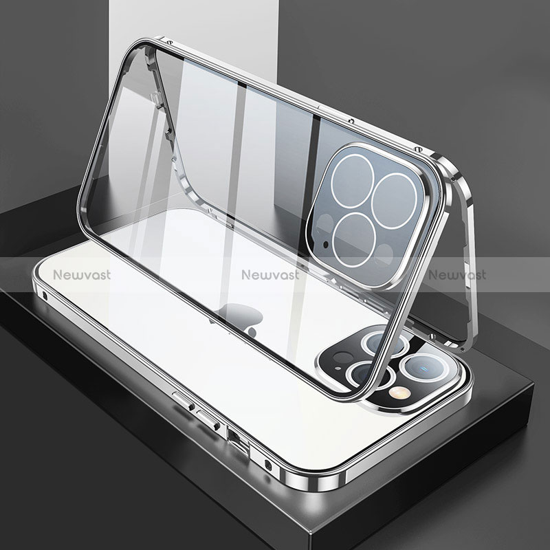 Luxury Aluminum Metal Frame Mirror Cover Case 360 Degrees M02 for Apple iPhone 14 Pro Max Silver