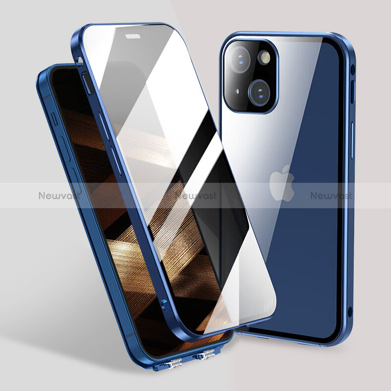 Luxury Aluminum Metal Frame Mirror Cover Case 360 Degrees M02 for Apple iPhone 15 Plus Blue