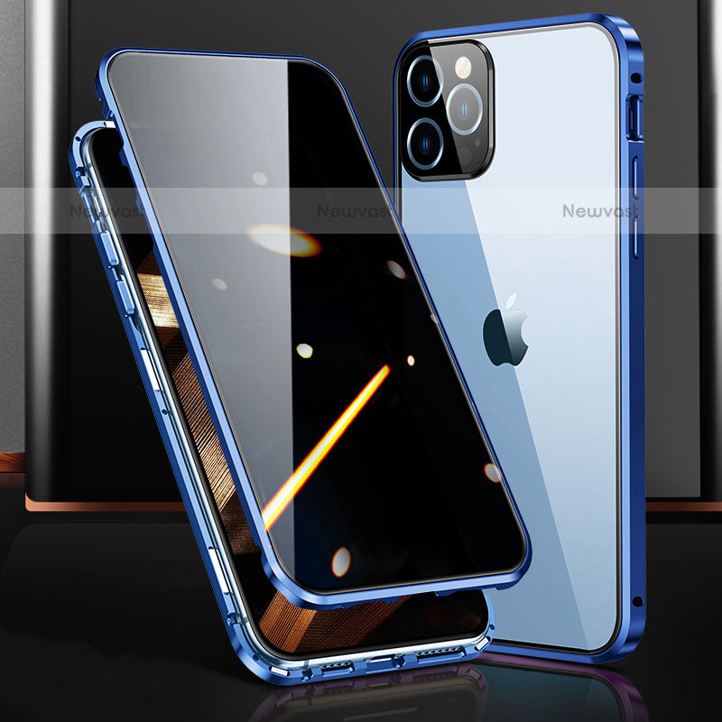 Luxury Aluminum Metal Frame Mirror Cover Case 360 Degrees M03 for Apple iPhone 15 Pro Max Blue