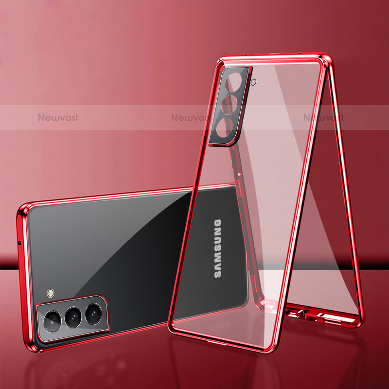 Luxury Aluminum Metal Frame Mirror Cover Case 360 Degrees M03 for Samsung Galaxy S21 5G Red