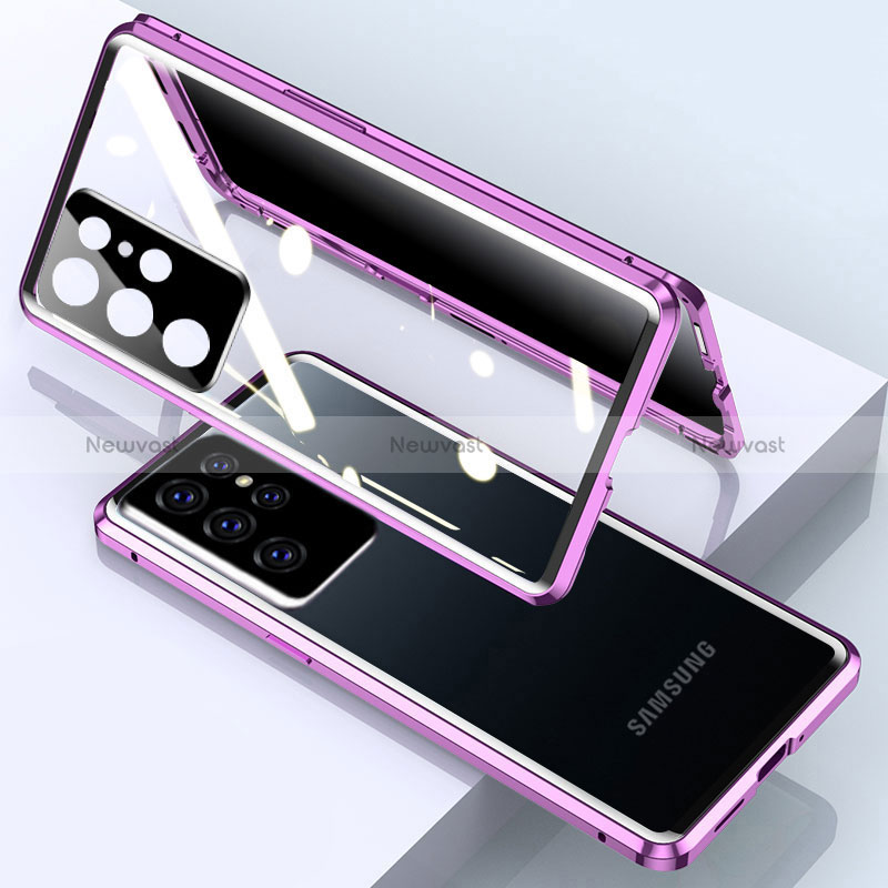 Luxury Aluminum Metal Frame Mirror Cover Case 360 Degrees M03 for Samsung Galaxy S24 Ultra 5G Purple