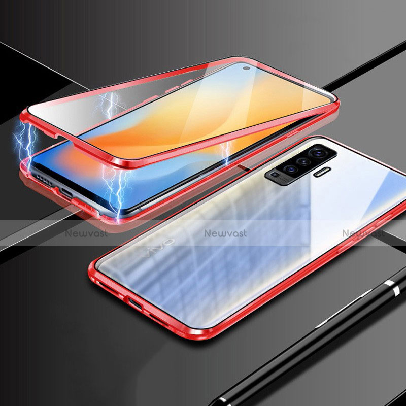 Luxury Aluminum Metal Frame Mirror Cover Case 360 Degrees M03 for Vivo X50 5G Red