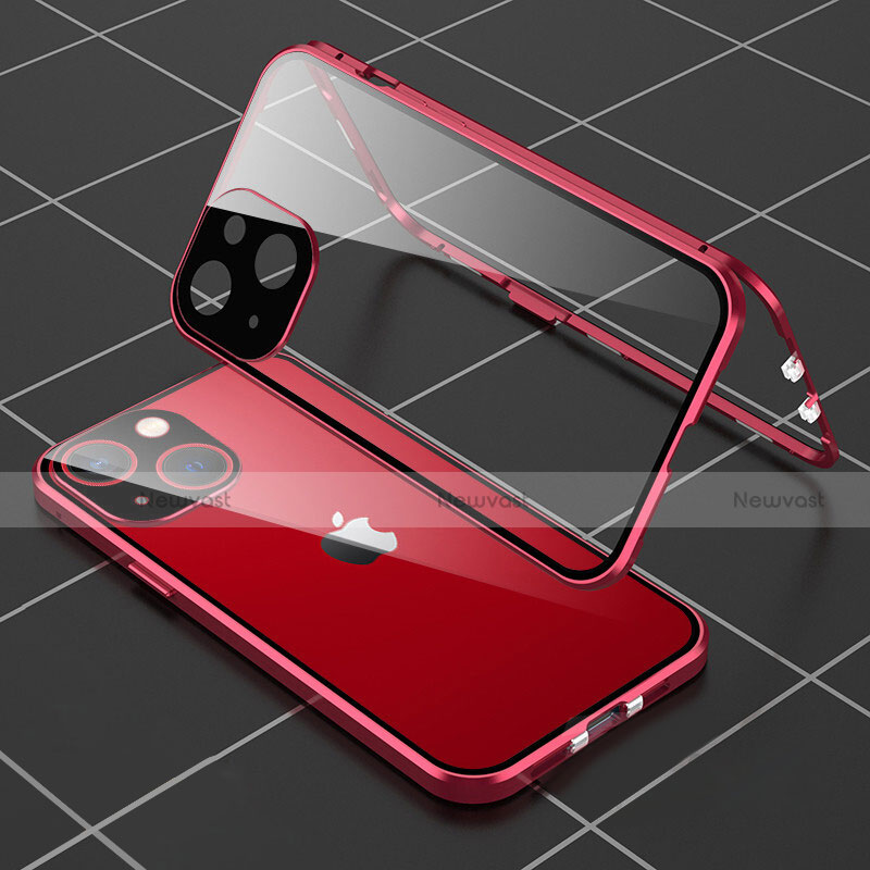 Luxury Aluminum Metal Frame Mirror Cover Case 360 Degrees M04 for Apple iPhone 13 Mini Red