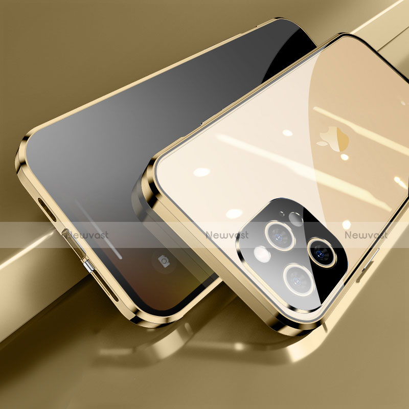 Luxury Aluminum Metal Frame Mirror Cover Case 360 Degrees M04 for Apple iPhone 13 Pro Gold