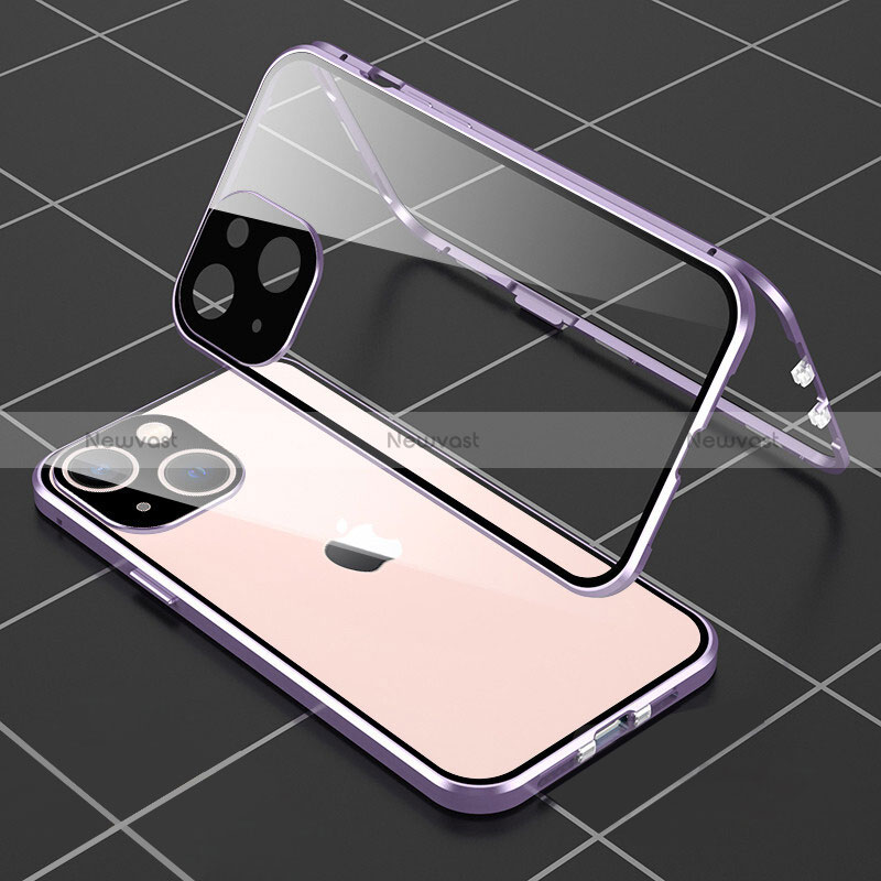 Luxury Aluminum Metal Frame Mirror Cover Case 360 Degrees M04 for Apple iPhone 15 Plus Purple