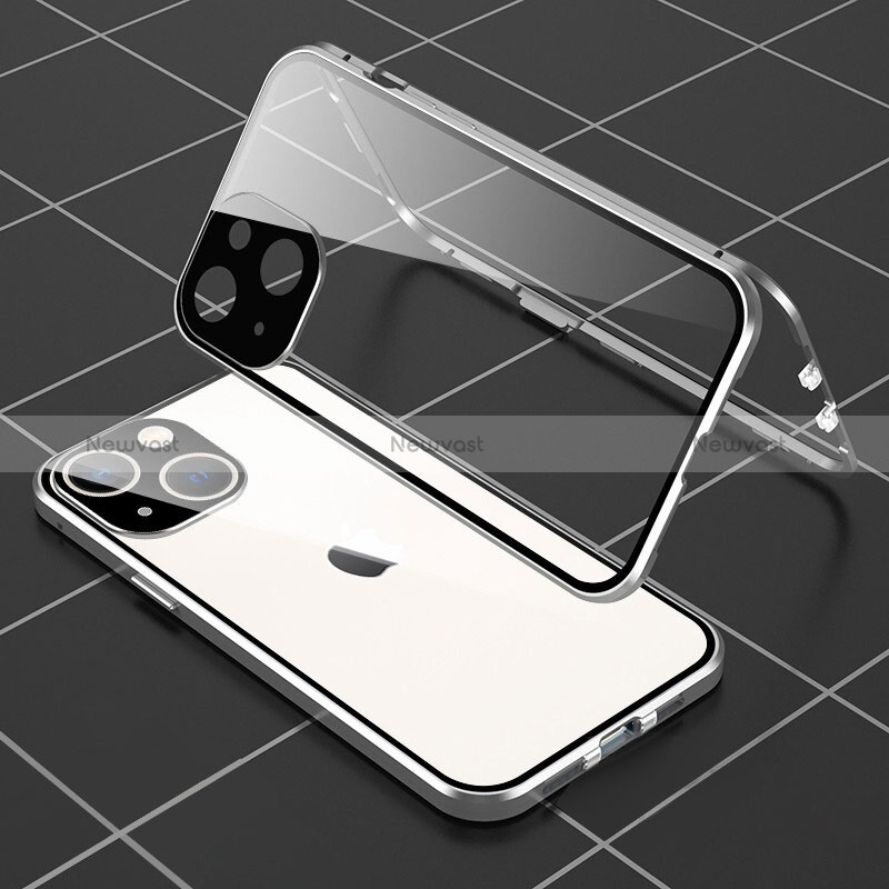 Luxury Aluminum Metal Frame Mirror Cover Case 360 Degrees M04 for Apple iPhone 15 Silver