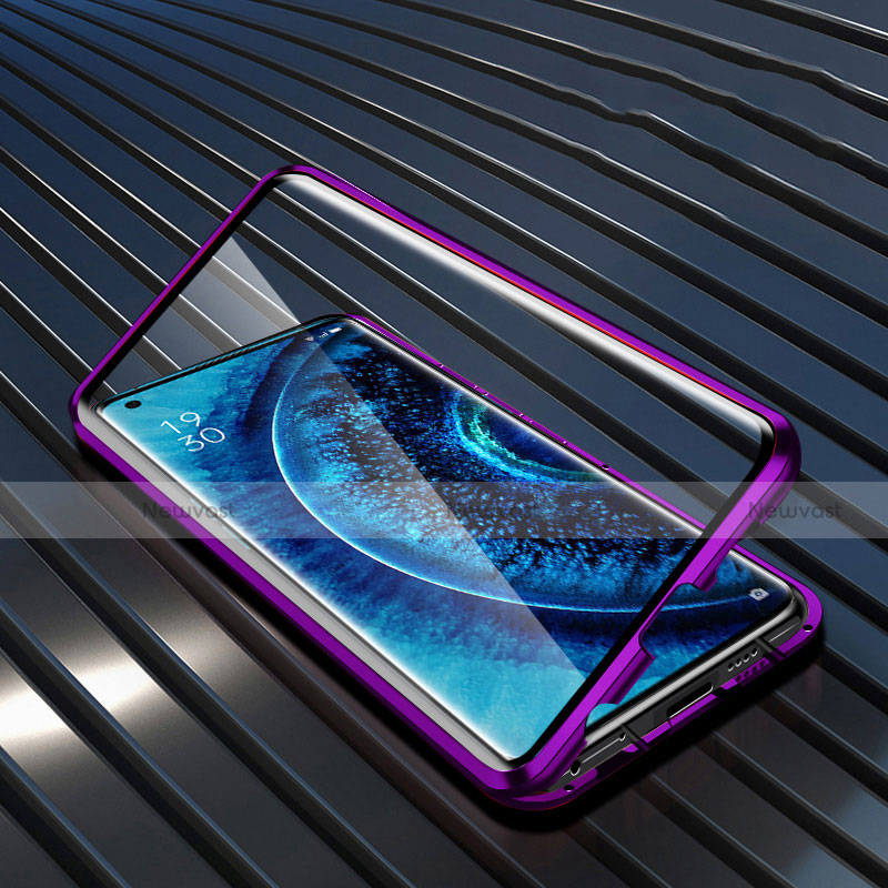 Luxury Aluminum Metal Frame Mirror Cover Case 360 Degrees M04 for Oppo Find X2 Purple