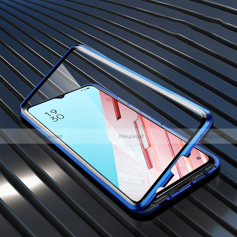 Luxury Aluminum Metal Frame Mirror Cover Case 360 Degrees M04 for Oppo Reno3 Blue