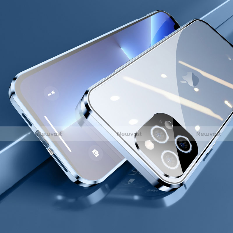 Luxury Aluminum Metal Frame Mirror Cover Case 360 Degrees M05 for Apple iPhone 13 Pro Blue