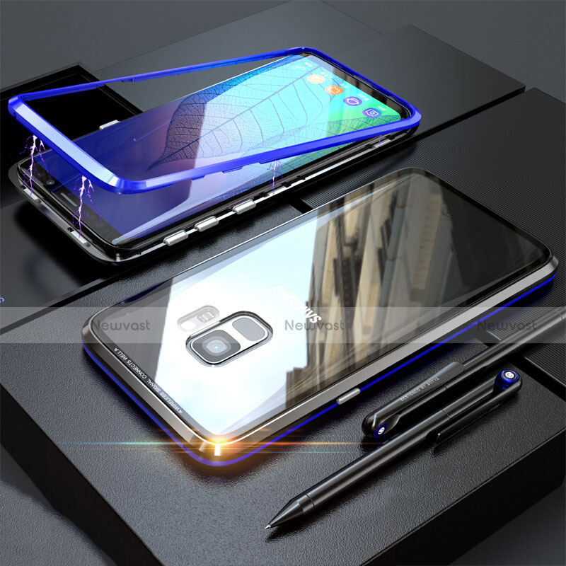 Luxury Aluminum Metal Frame Mirror Cover Case 360 Degrees M05 for Samsung Galaxy S9 Blue