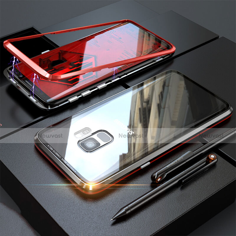 Luxury Aluminum Metal Frame Mirror Cover Case 360 Degrees M05 for Samsung Galaxy S9 Red and Black