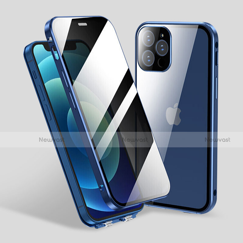 Luxury Aluminum Metal Frame Mirror Cover Case 360 Degrees M06 for Apple iPhone 13 Pro Blue