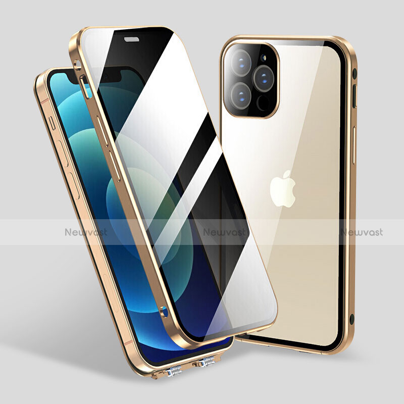 Luxury Aluminum Metal Frame Mirror Cover Case 360 Degrees M06 for Apple iPhone 13 Pro Gold