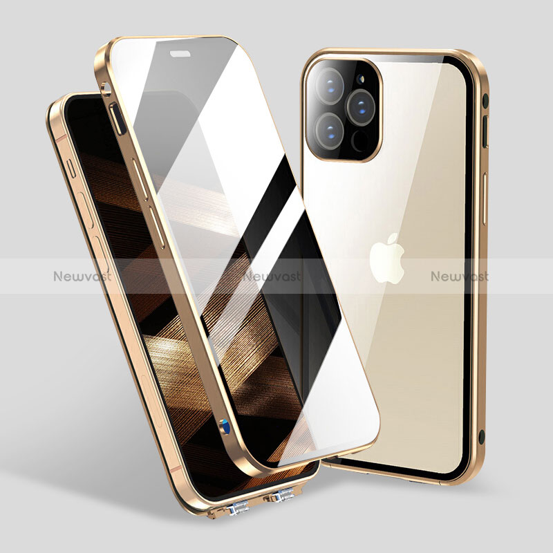 Luxury Aluminum Metal Frame Mirror Cover Case 360 Degrees M06 for Apple iPhone 14 Pro Gold