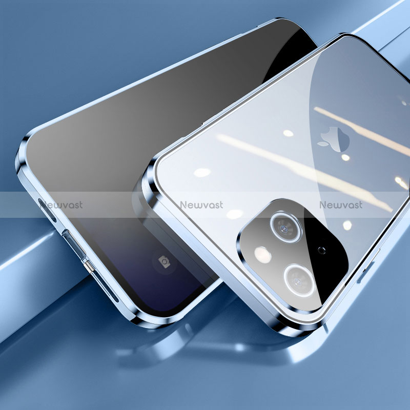 Luxury Aluminum Metal Frame Mirror Cover Case 360 Degrees M06 for Apple iPhone 15 Blue