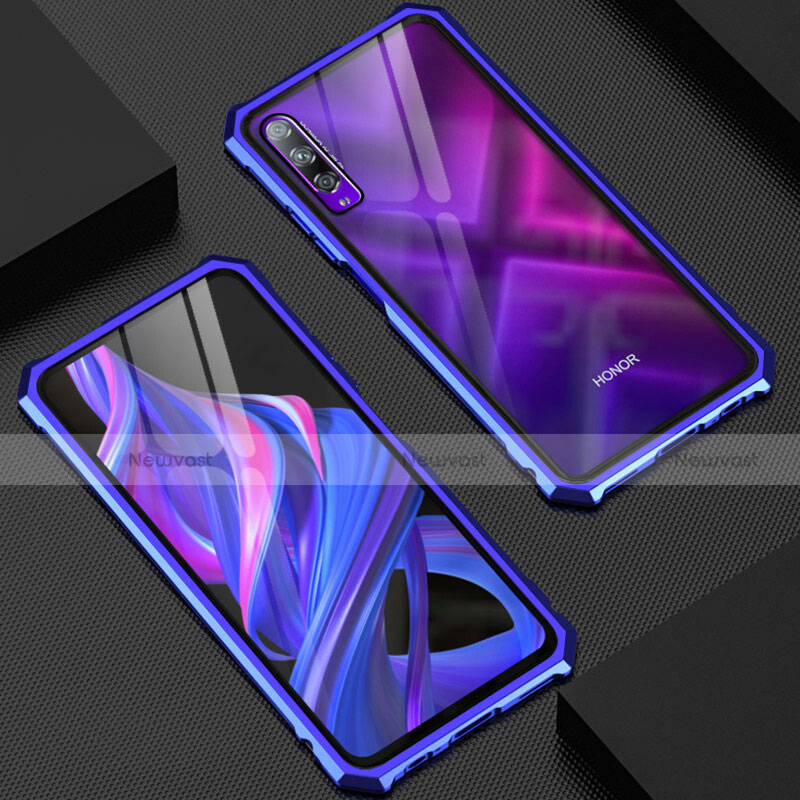 Luxury Aluminum Metal Frame Mirror Cover Case 360 Degrees M06 for Huawei P Smart Pro (2019) Blue