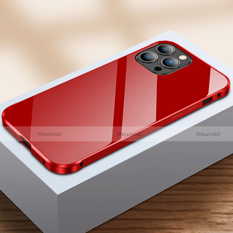 Luxury Aluminum Metal Frame Mirror Cover Case 360 Degrees M07 for Apple iPhone 13 Pro Max Red