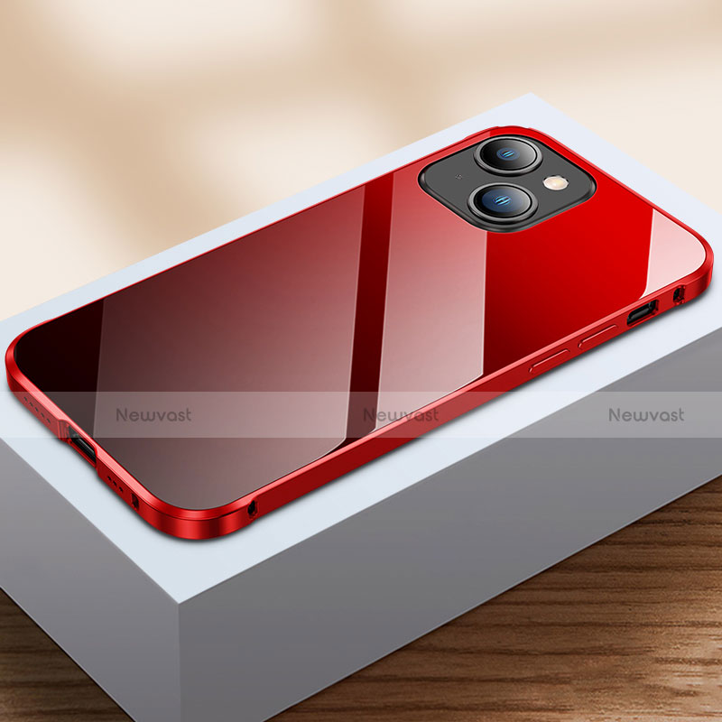 Luxury Aluminum Metal Frame Mirror Cover Case 360 Degrees M07 for Apple iPhone 14 Plus Red and Black