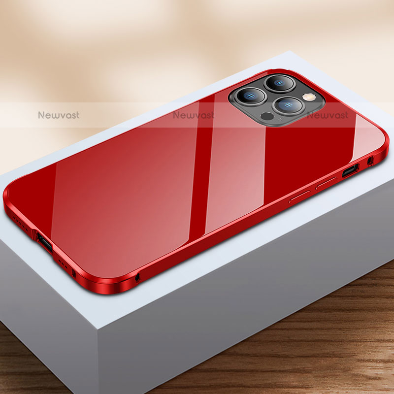 Luxury Aluminum Metal Frame Mirror Cover Case 360 Degrees M07 for Apple iPhone 15 Pro Max Red