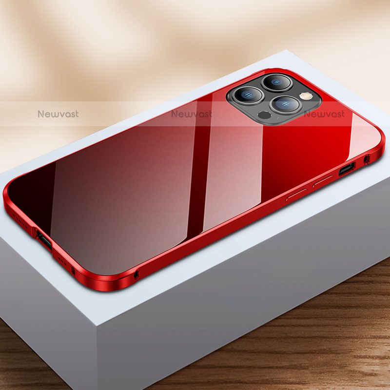 Luxury Aluminum Metal Frame Mirror Cover Case 360 Degrees M07 for Apple iPhone 15 Pro Red and Black