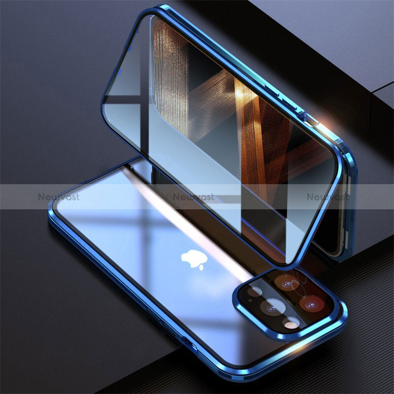 Luxury Aluminum Metal Frame Mirror Cover Case 360 Degrees M08 for Apple iPhone 14 Pro Max Blue