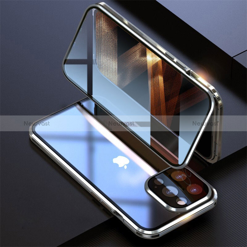 Luxury Aluminum Metal Frame Mirror Cover Case 360 Degrees M08 for Apple iPhone 14 Pro Max Silver