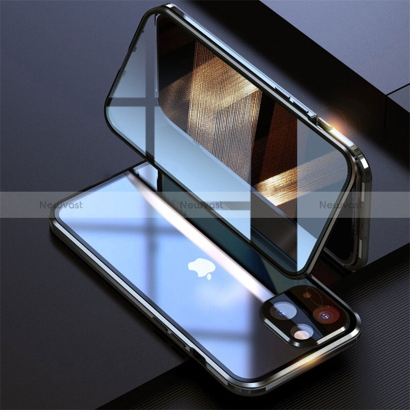 Luxury Aluminum Metal Frame Mirror Cover Case 360 Degrees M08 for Apple iPhone 15 Black