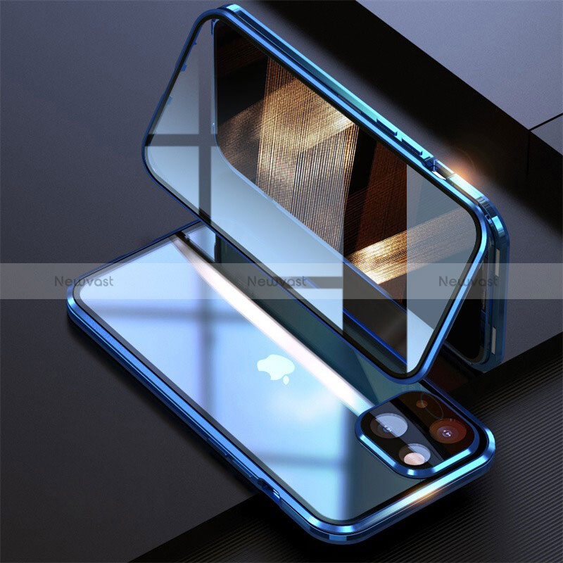 Luxury Aluminum Metal Frame Mirror Cover Case 360 Degrees M08 for Apple iPhone 15 Blue