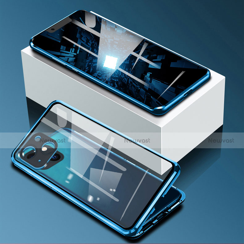 Luxury Aluminum Metal Frame Mirror Cover Case 360 Degrees M09 for Apple iPhone 14 Plus Blue