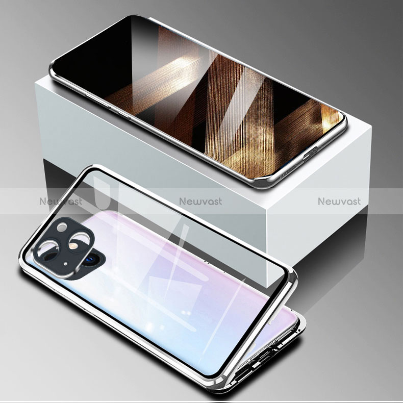 Luxury Aluminum Metal Frame Mirror Cover Case 360 Degrees M09 for Apple iPhone 15 Plus Silver