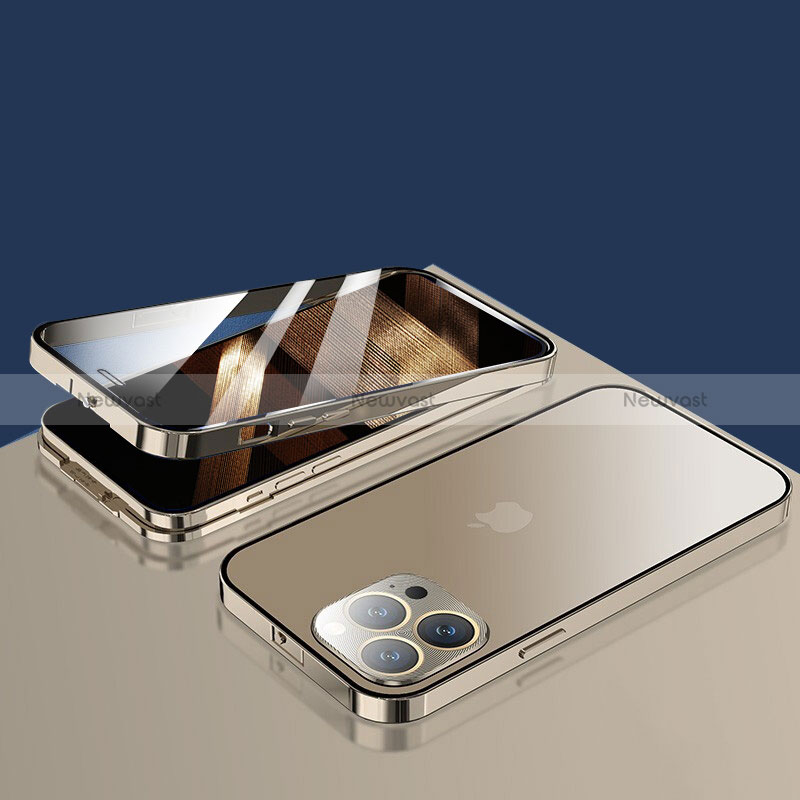Luxury Aluminum Metal Frame Mirror Cover Case 360 Degrees M10 for Apple iPhone 14 Pro Max Gold