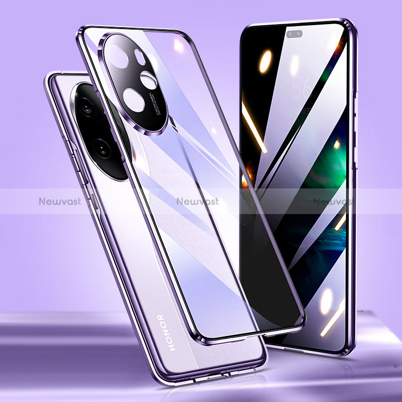 Luxury Aluminum Metal Frame Mirror Cover Case 360 Degrees P01 for Huawei Honor 100 Pro 5G Purple