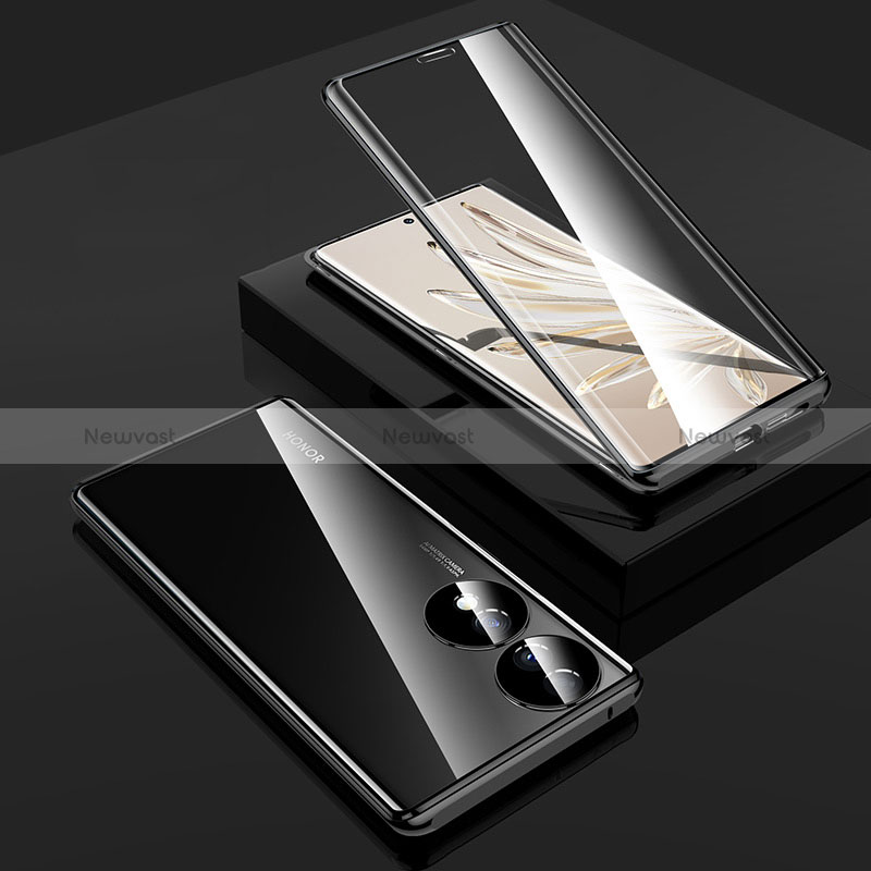 Luxury Aluminum Metal Frame Mirror Cover Case 360 Degrees P01 for Huawei Honor 70 5G Black