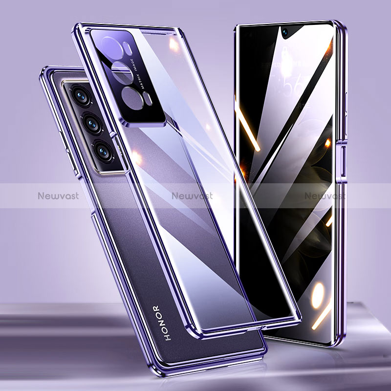 Luxury Aluminum Metal Frame Mirror Cover Case 360 Degrees P01 for Huawei Honor Magic V2 5G Purple