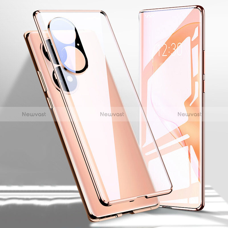 Luxury Aluminum Metal Frame Mirror Cover Case 360 Degrees P01 for Huawei P50e Rose Gold