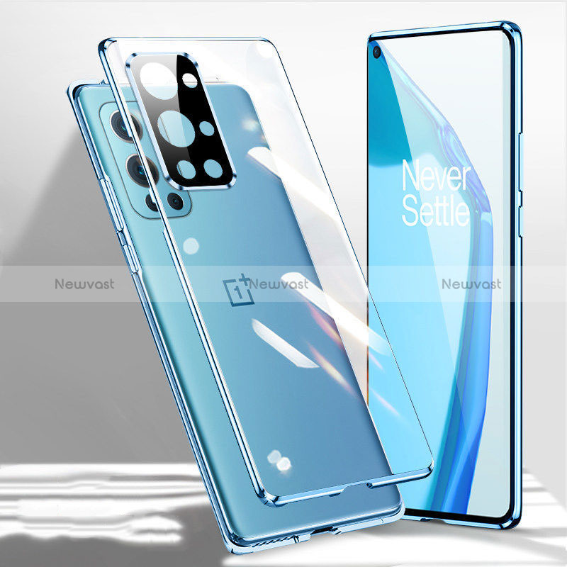 Luxury Aluminum Metal Frame Mirror Cover Case 360 Degrees P01 for OnePlus 9R 5G Blue