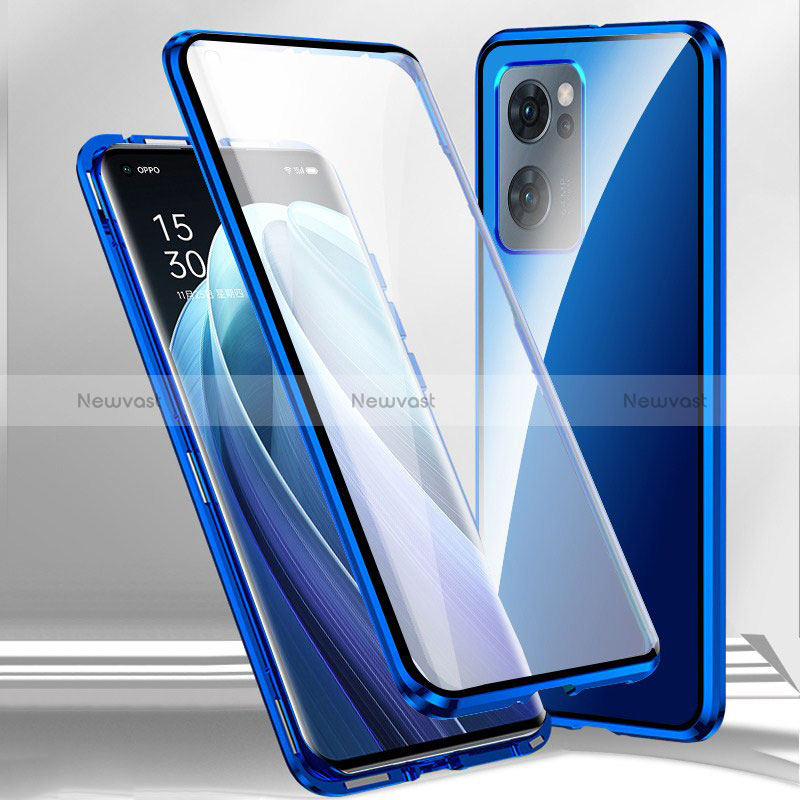 Luxury Aluminum Metal Frame Mirror Cover Case 360 Degrees P01 for Oppo A56S 5G Blue