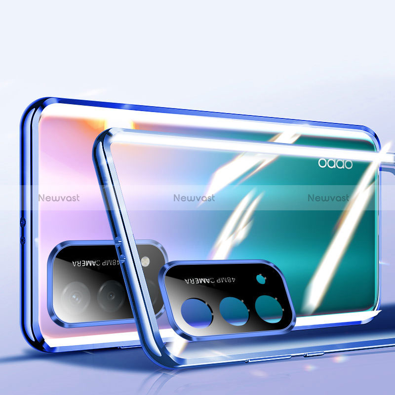 Luxury Aluminum Metal Frame Mirror Cover Case 360 Degrees P01 for Oppo A74 5G Blue