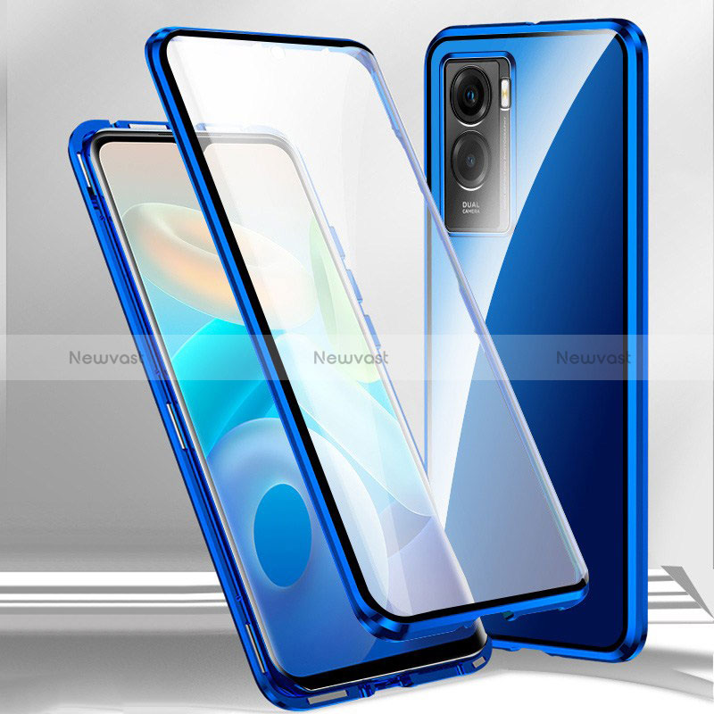 Luxury Aluminum Metal Frame Mirror Cover Case 360 Degrees P01 for Oppo K10 5G Blue