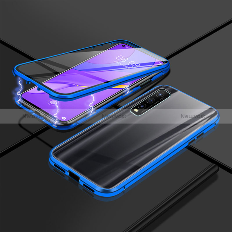 Luxury Aluminum Metal Frame Mirror Cover Case 360 Degrees P01 for Vivo iQOO U1 Blue