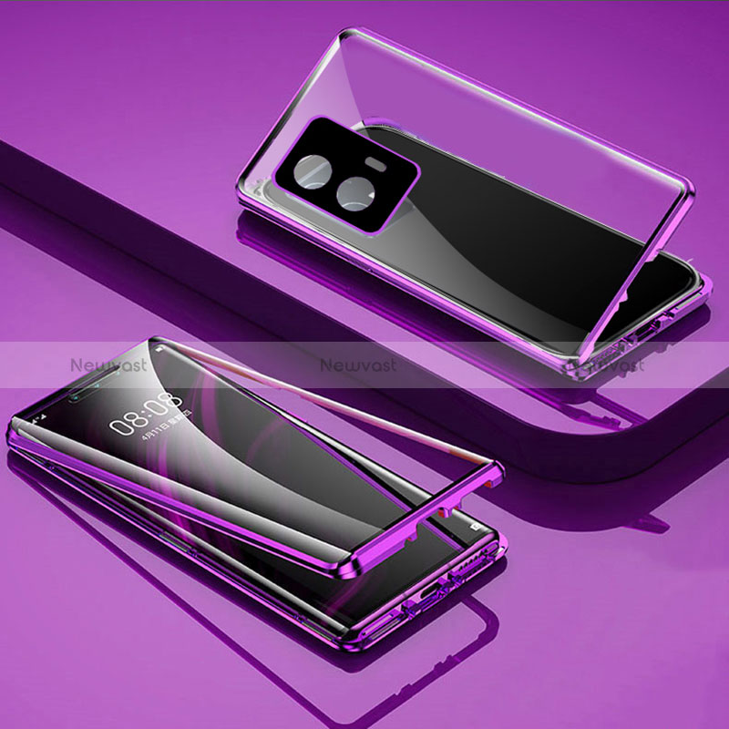 Luxury Aluminum Metal Frame Mirror Cover Case 360 Degrees P01 for Vivo iQOO U5 5G Purple