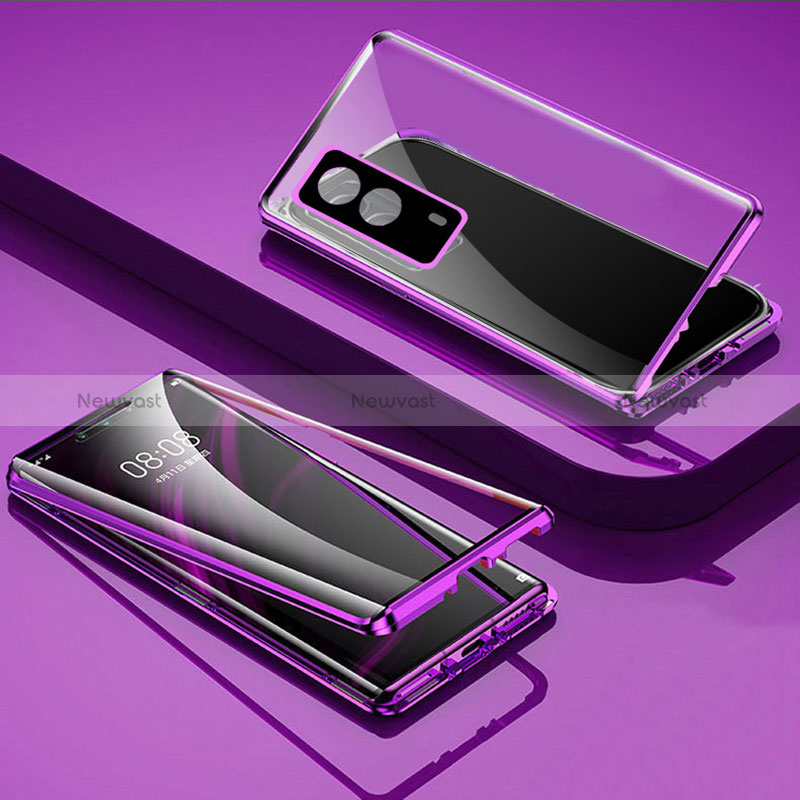 Luxury Aluminum Metal Frame Mirror Cover Case 360 Degrees P01 for Vivo V21e 5G Purple