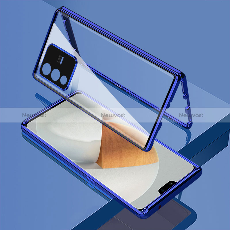 Luxury Aluminum Metal Frame Mirror Cover Case 360 Degrees P01 for Vivo V23 Pro 5G Blue