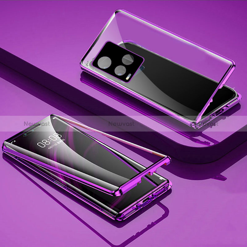 Luxury Aluminum Metal Frame Mirror Cover Case 360 Degrees P01 for Vivo Y21G Purple